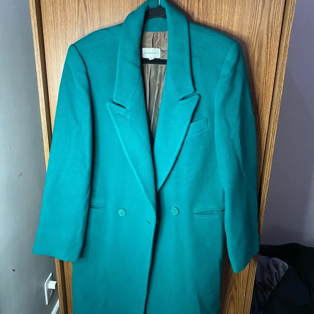 Glenbrooke Long Trench‎ Coat Women Large Teal Wool Double Breasted Vintage